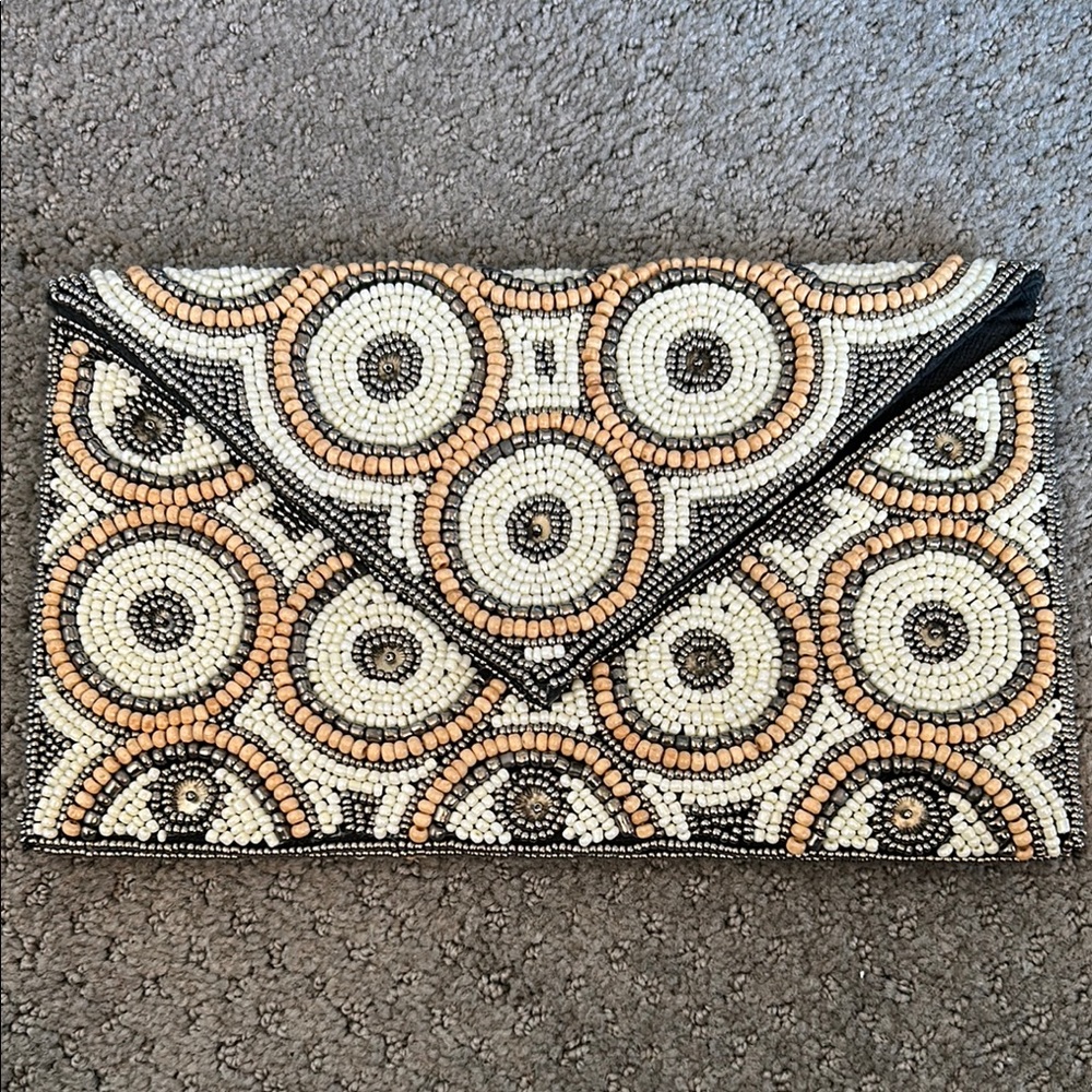 Elegant Beaded Clutch - Black, Cream, Tan